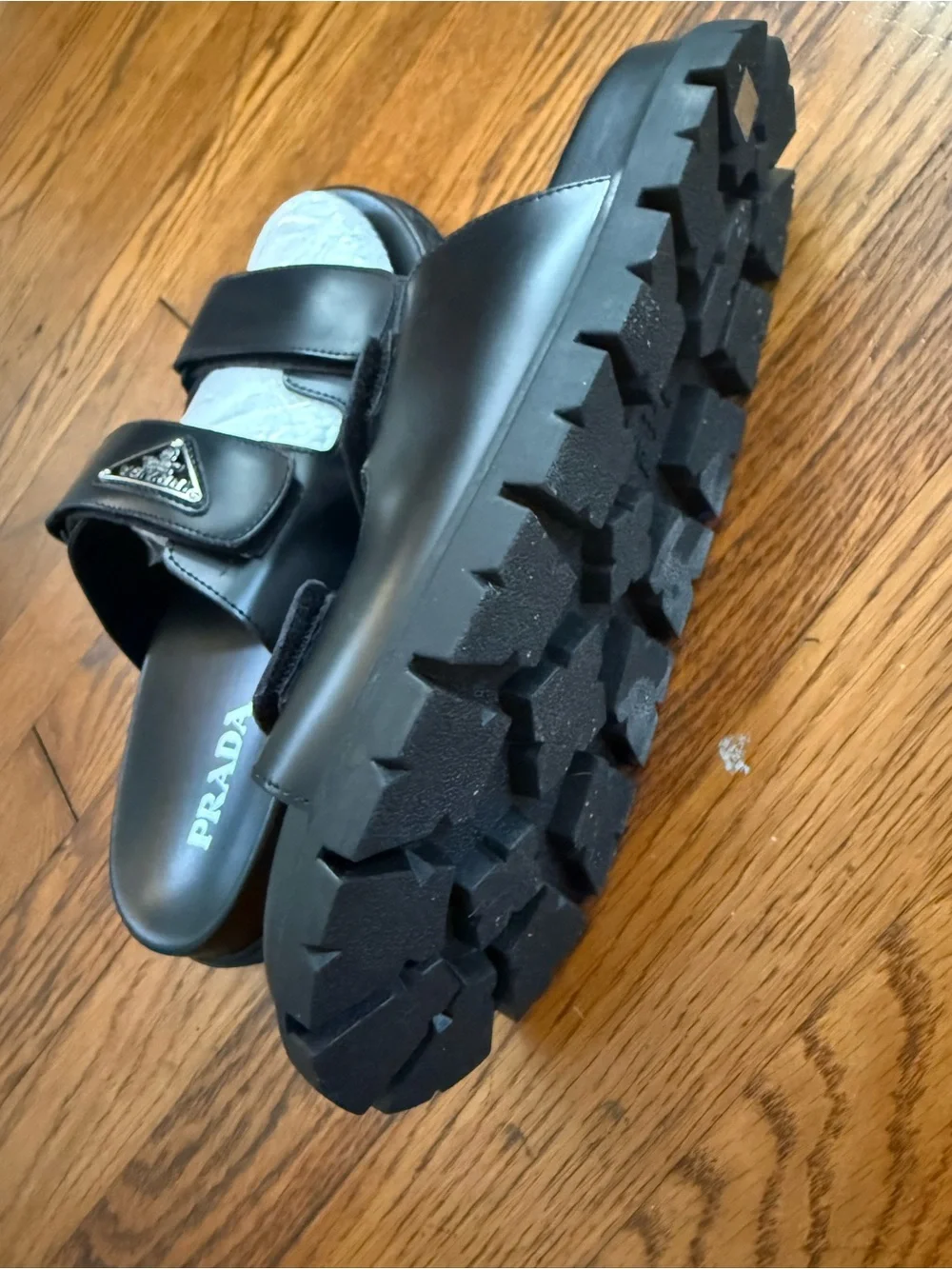 Prada Black Leather Dual-Strap Slide Sandals with Silver Logo - Picture 4 of 4